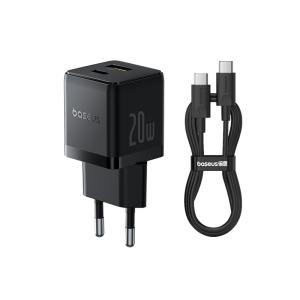 Сетевое зарядное устройство Baseus Palm Fast Charger C+U 20W + кабель USB-C to USB-C 60W, Черный