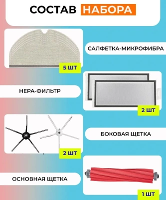 фото Для робота-пылесоса Xiaomi,Roborock Q7 Max+ : тряпка-микрофибра 5 шт. + основная щетка 1 шт. + боковая щетка 2 шт. + НЕРА-фильтр 2 шт.
